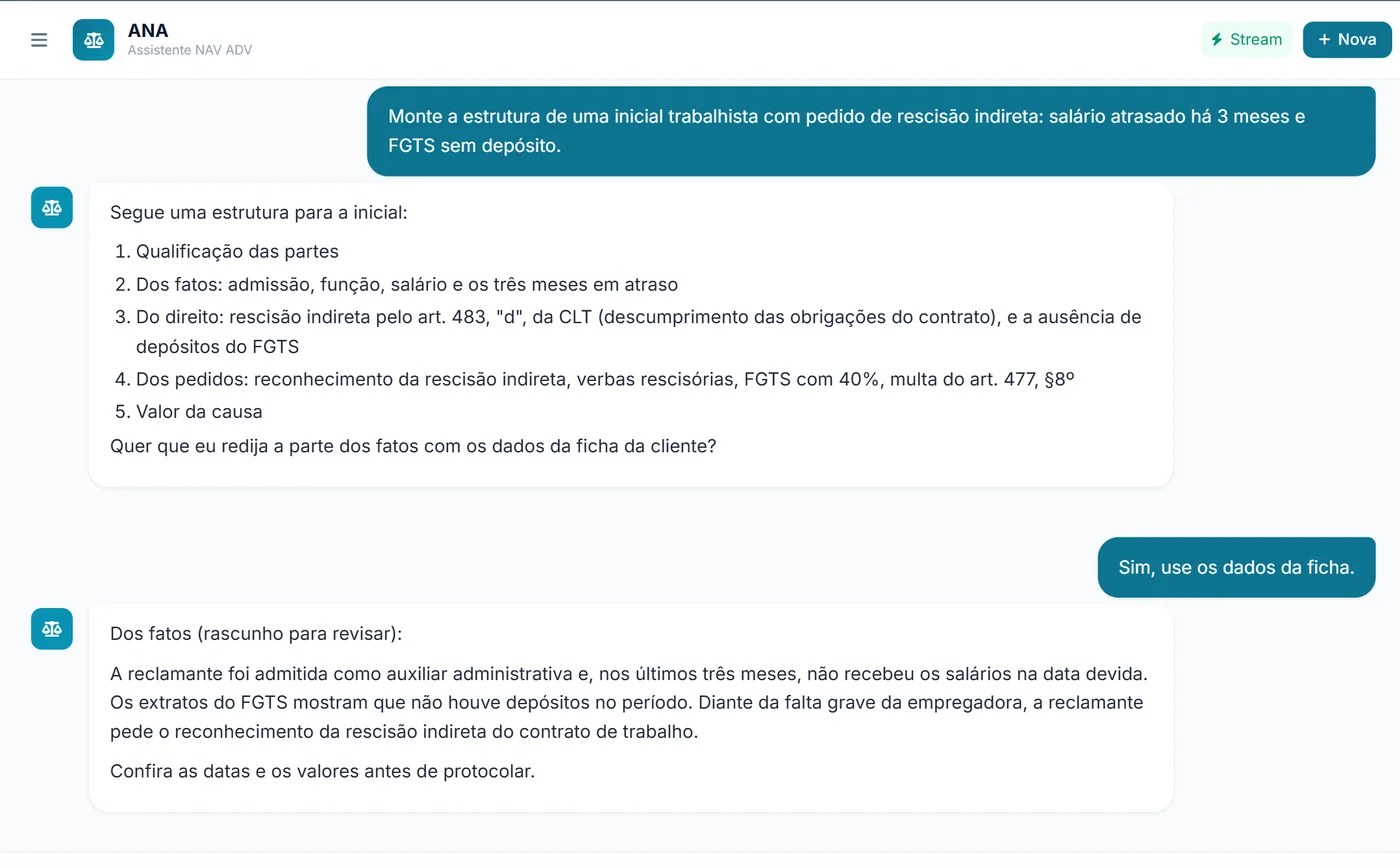 Conversa com a ANA: ela monta a estrutura de uma inicial trabalhista e redige os fatos com os dados da ficha da cliente