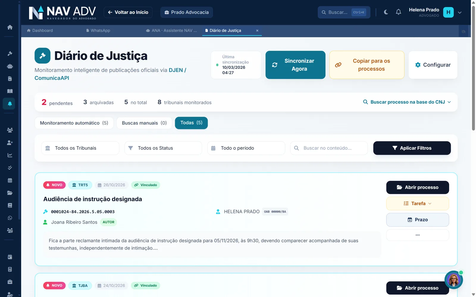 As intimações do DJEN ligadas aos processos, com o botão de criar prazo