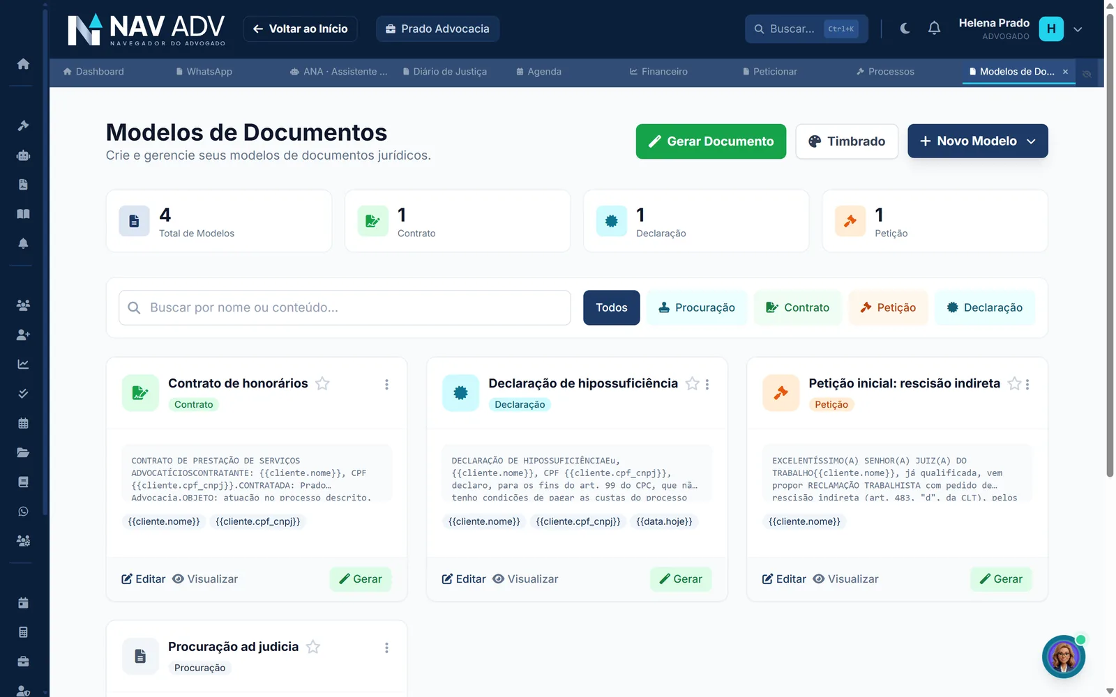 Os modelos de documentos do escritório: contrato, procuração, declaração e petição